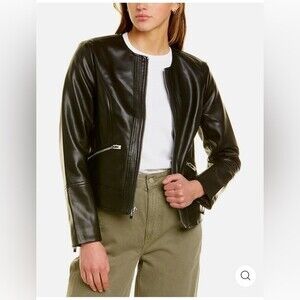 NEW VIA SPIGA Women Collarless Pleather Moto Jacket Black Size S or XL